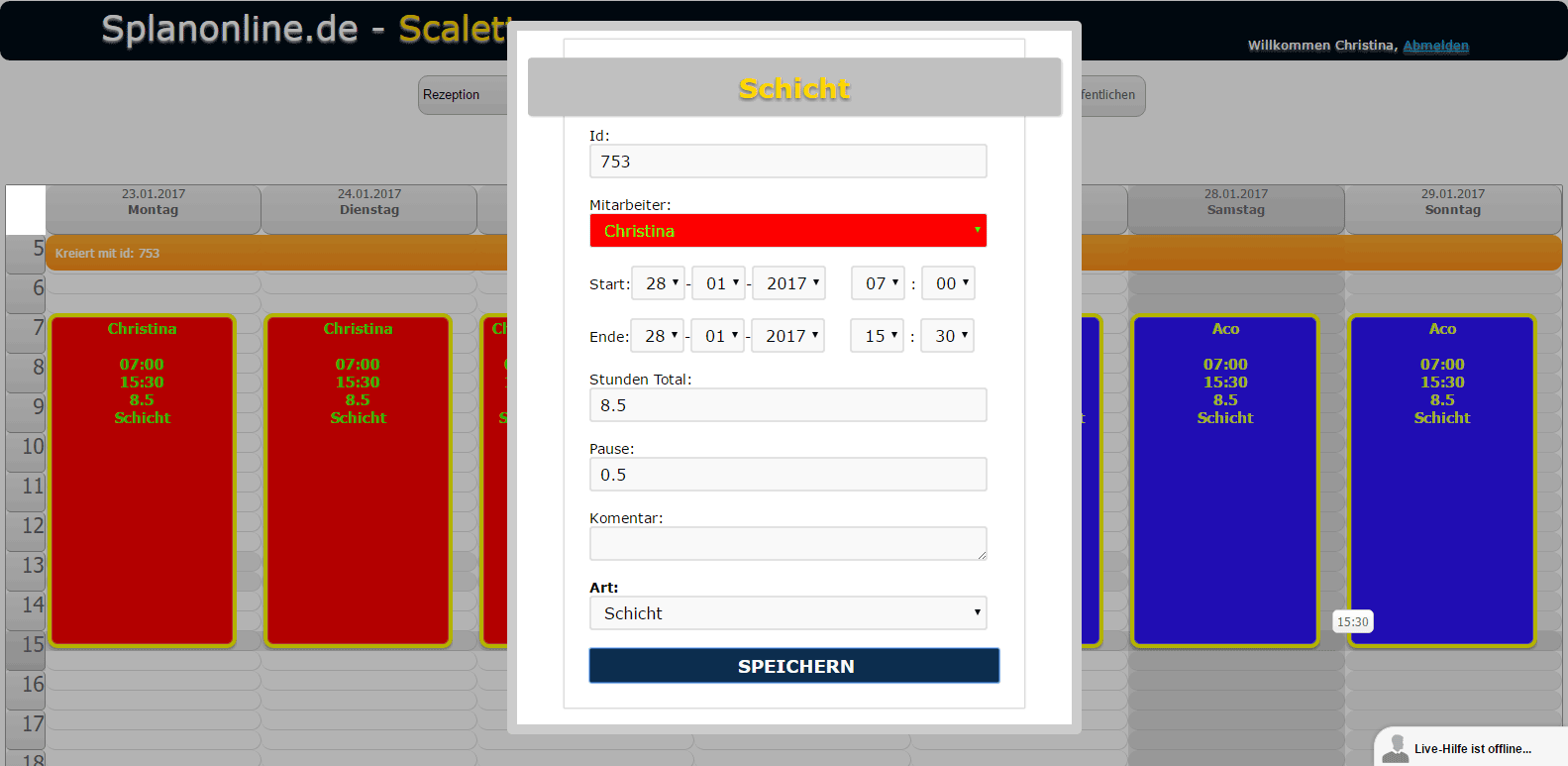 Dienstplan - Schicht ertellung